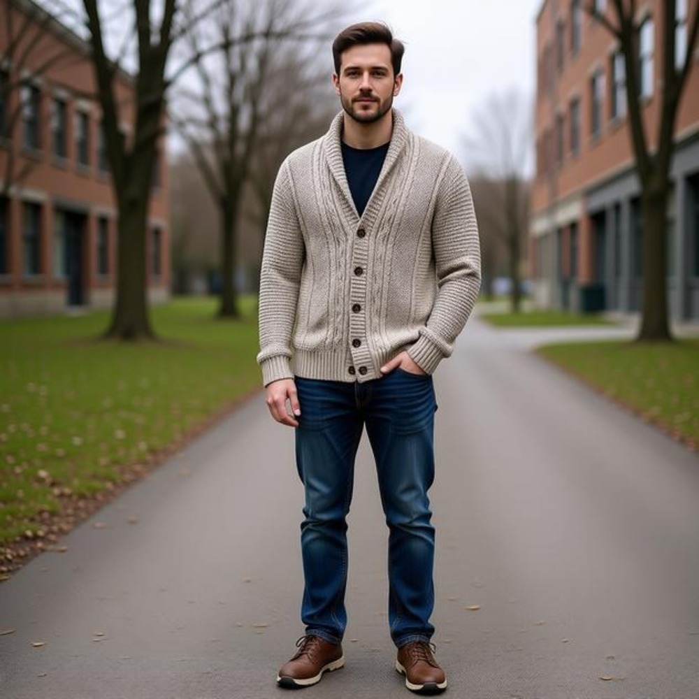 Distillery Apparel Mens XL Grey Shawl Collar Cable Waffle Knit Cardigan Sweater‎